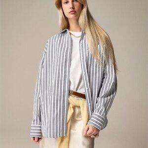 J. Crew Navy and White Striped Cotton Poplin Etienne Oversized Shirt